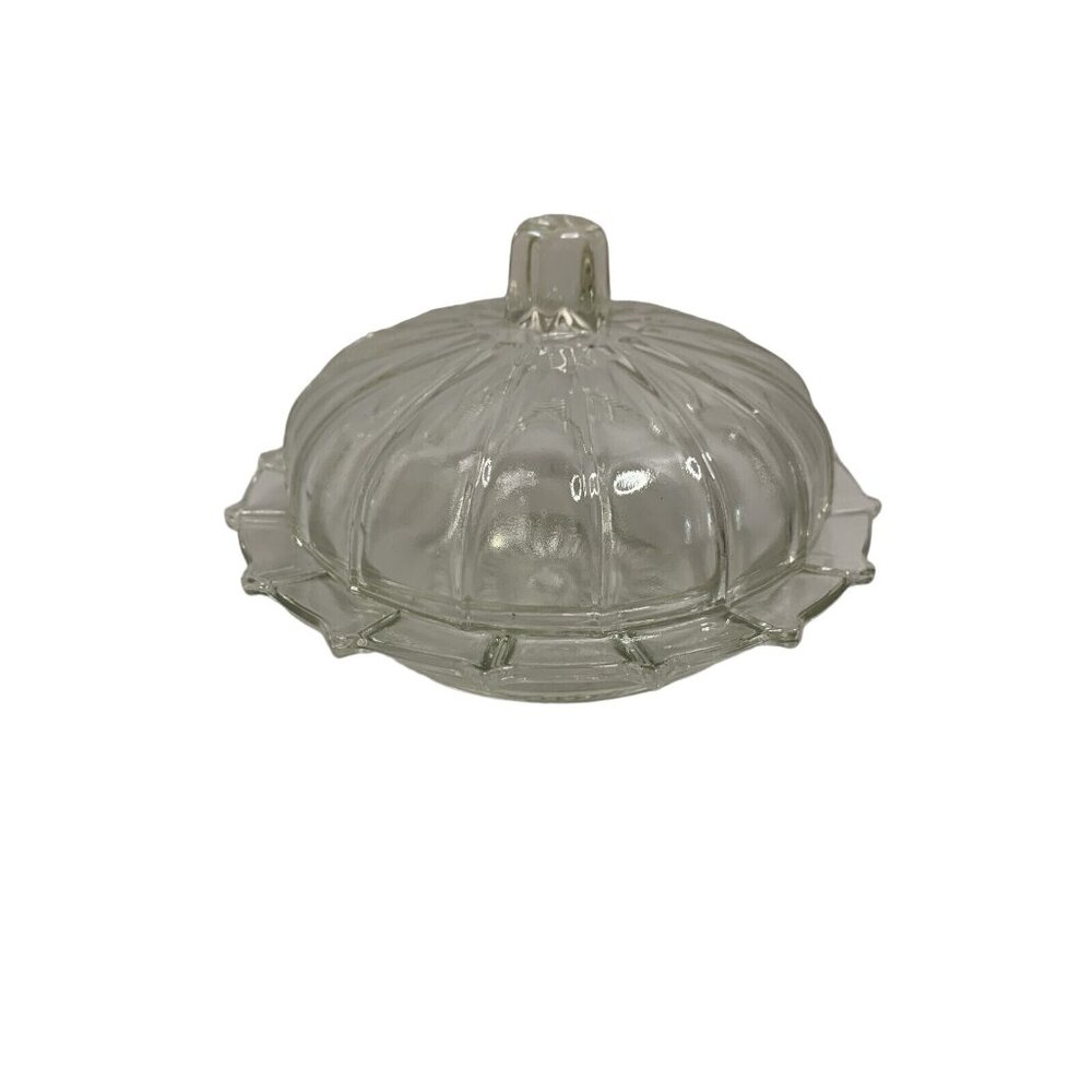 Vintage Clear Glass Round Panel Dome Lid Butter Cheese Dish starburst base